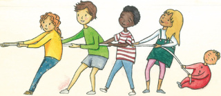 Gemaltes Bild, fröhliche Kinder beim Seilziehen Starke Kinder können für ihre Rechte eintreten.